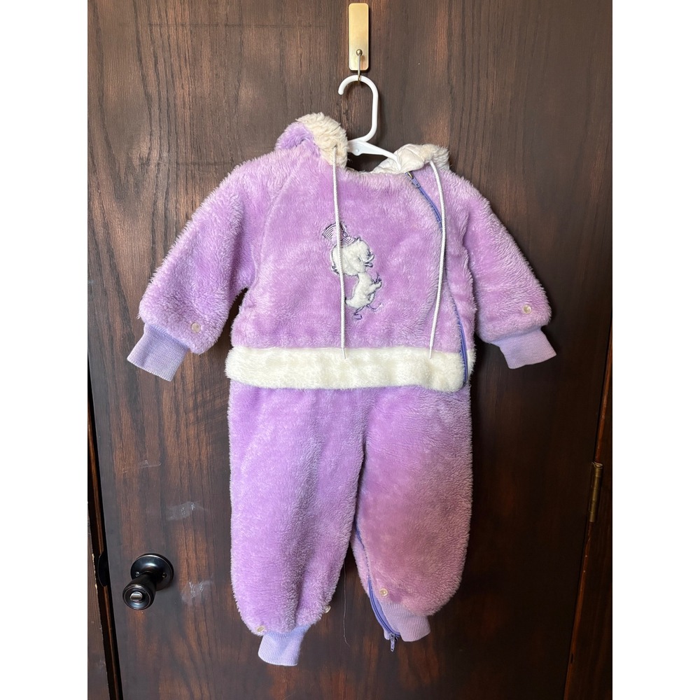 Vintage Purple Fleece Hooded Pram Suit Baby Bunting One Piece Snowsuit